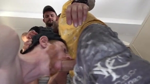 two Tradie Geezers Paint Unlucky Ginger's twat White With spunk previous to Shift